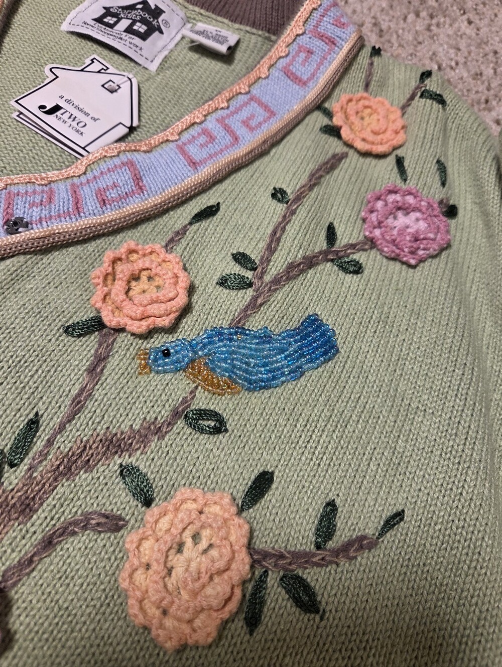 NWT Storybook Knits Asian Geisha Oriental 3d Sweater 1X Green Y2k 80s 90s Beads - Picture 7 of 10